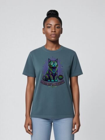 Woman wearing the Deep Teal Realm Guardian garment-dyed tee, front view
