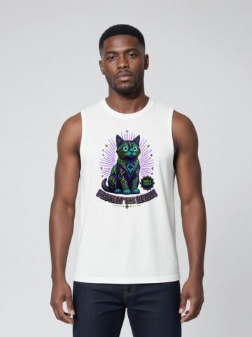 Man wearing the White Realm Guardian Muscle Shirt, front view
