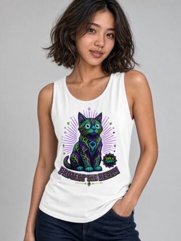Woman wearing the White Realm Guardian Muscle Tank, front view