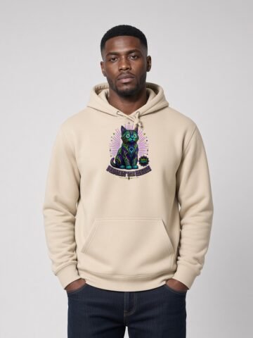 Man wearing the Desert Dust Realm Guardian organic heavyweight hoodie, front view