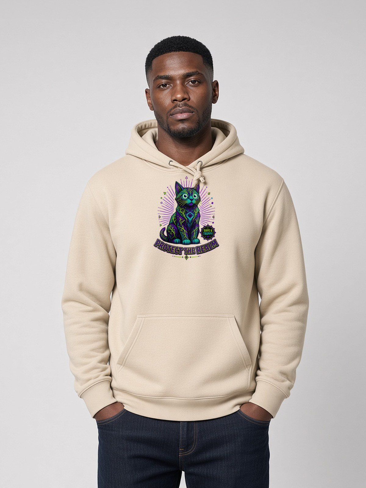 Man wearing the Desert Dust Realm Guardian organic heavyweight hoodie, front view
