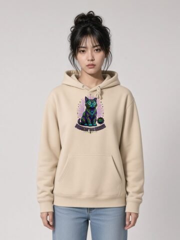 Woman wearing the Desert Dust Realm Guardian organic heavyweight hoodie, front view