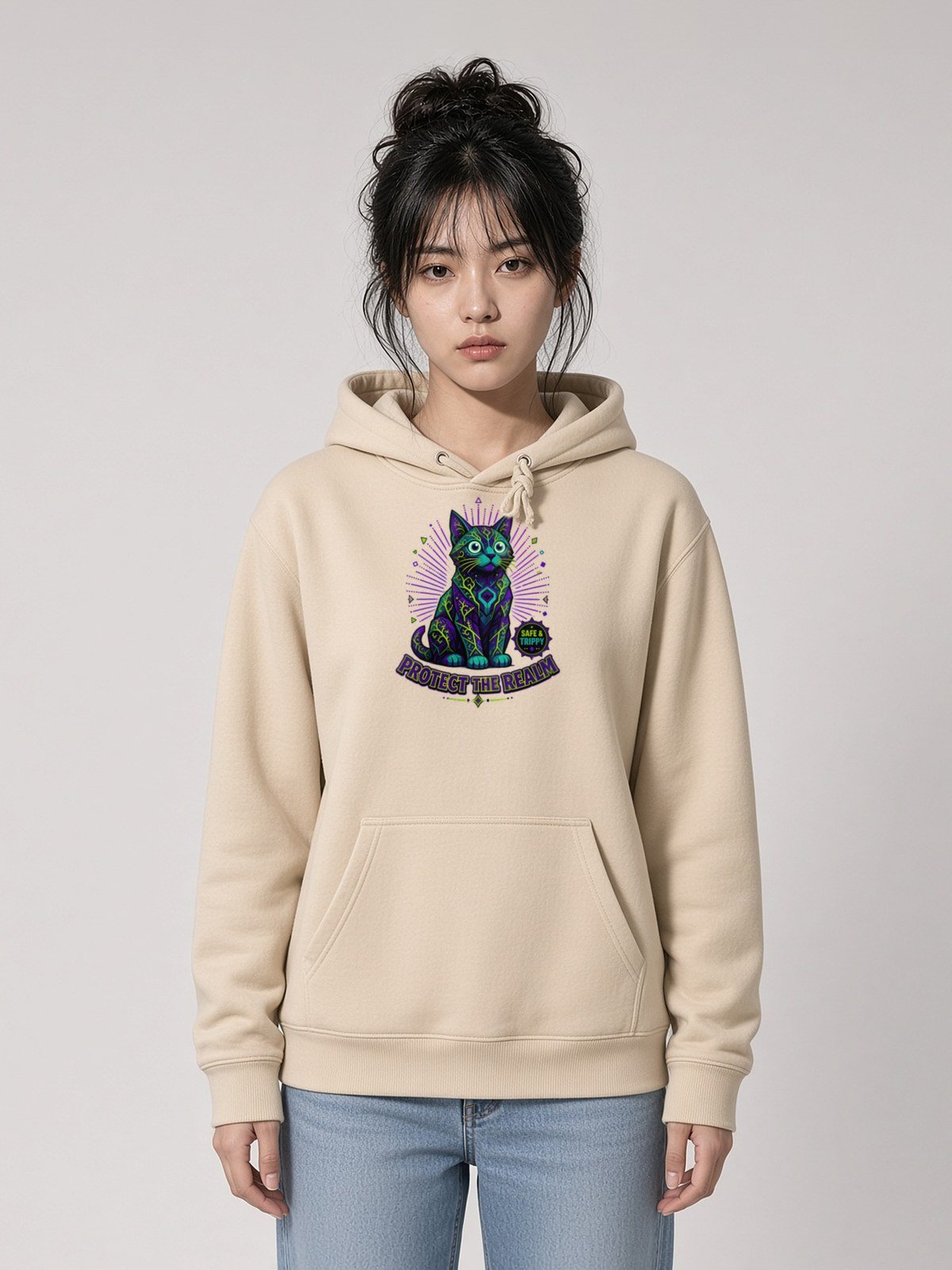 Woman wearing the Desert Dust Realm Guardian organic heavyweight hoodie, front view