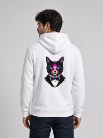 Man wearing the White Realm Guardian Side-Pocket Hoodie, back view showing the Realm Guardian design