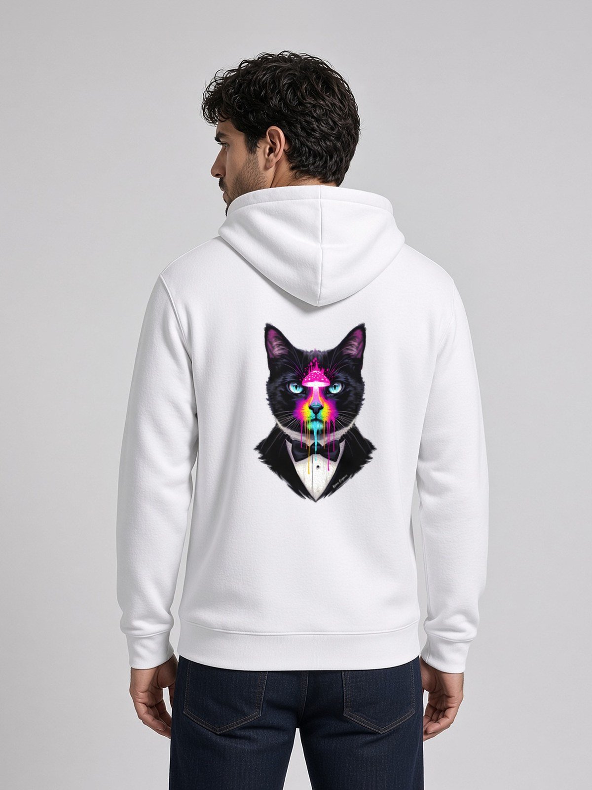 Man wearing the White Realm Guardian Side-Pocket Hoodie, back view showing the Realm Guardian design