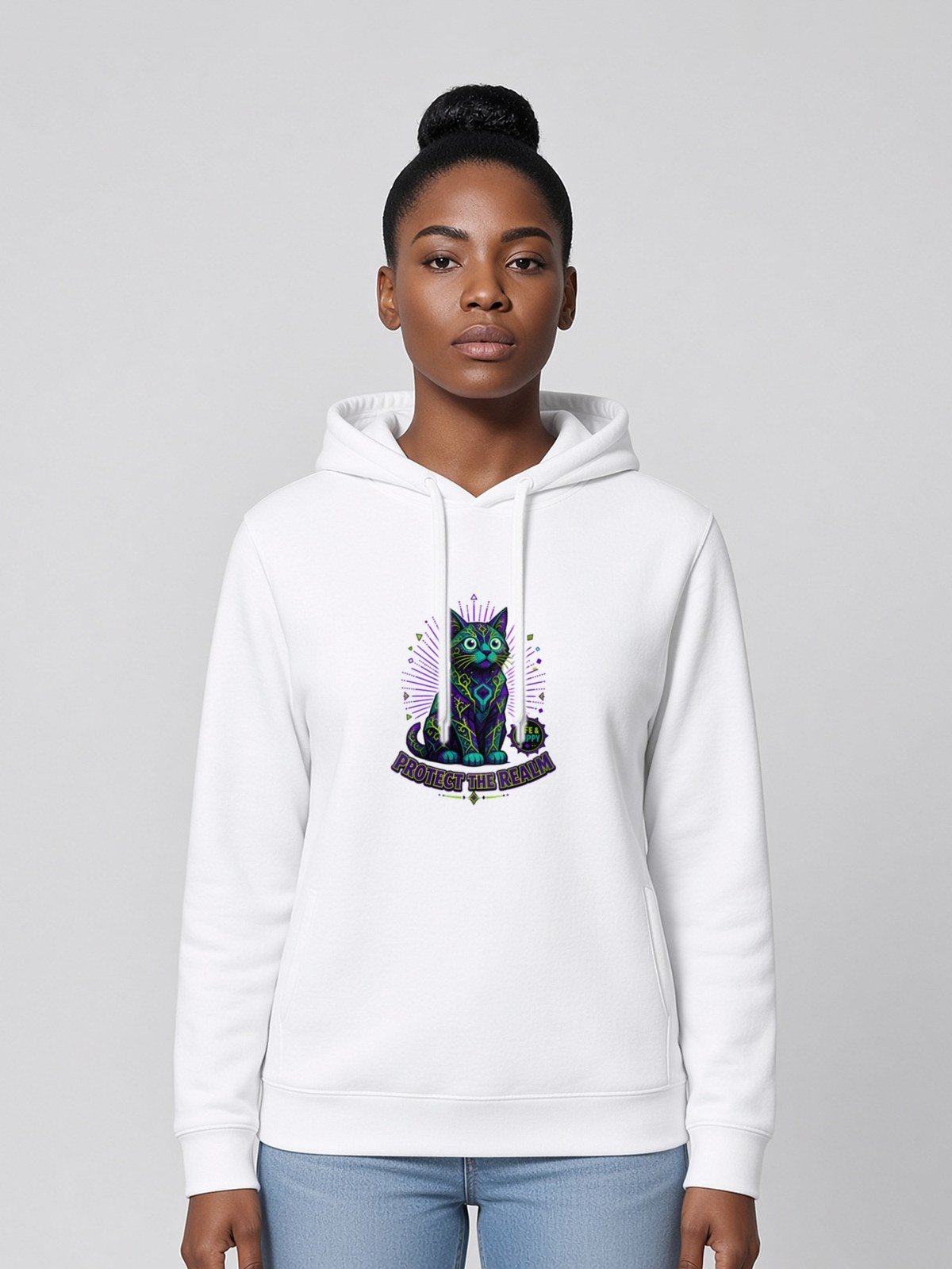 Woman wearing the White Realm Guardian Side-Pocket Hoodie, front view showing the Realm Guardian design