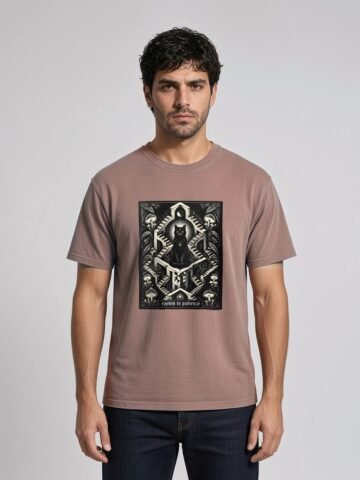 Man wearing the Kaffa Coffee Rooted in Patience Garment-Dyed Tee, front view
