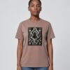 Woman wearing the Kaffa Coffee Rooted in Patience Garment-Dyed Tee, front view