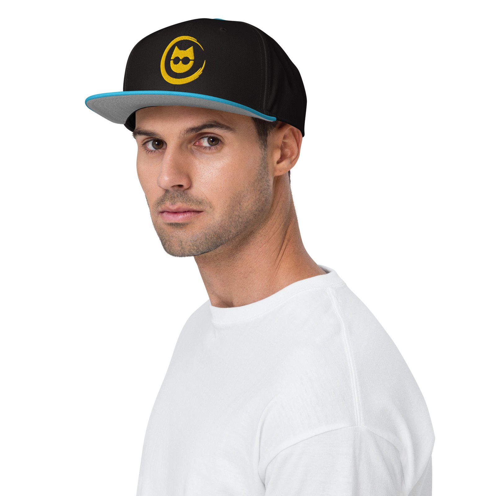 Keanu Gold Logo Two-Tone Snapback Hat in Aqua blue/Black – front view