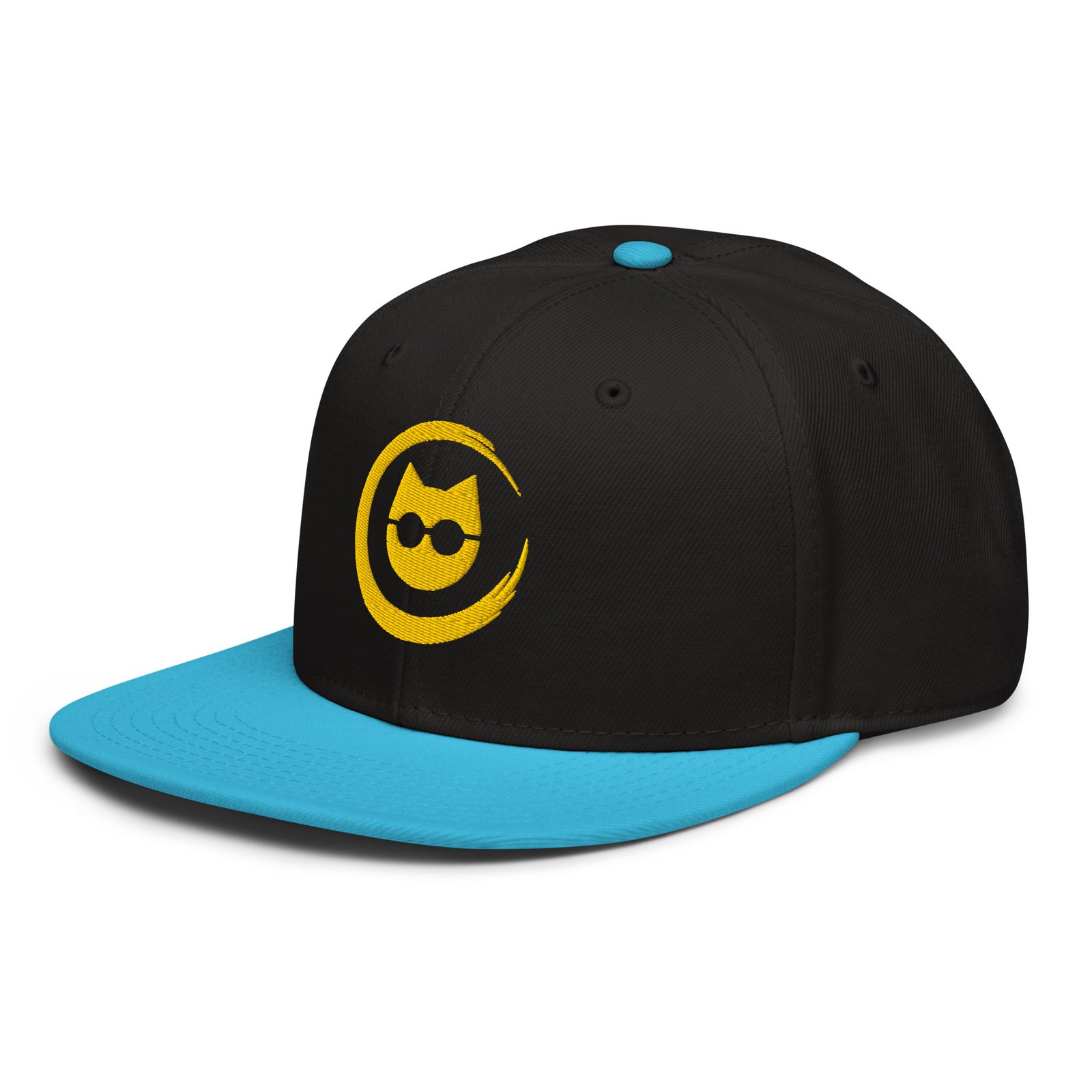 Keanu Gold Logo Two-Tone Snapback Hat in Aqua blue/Black – left front view