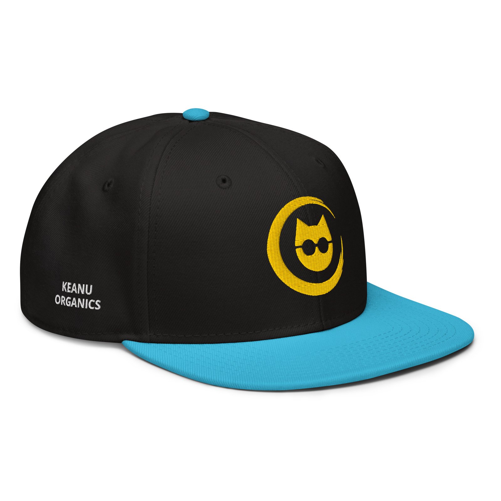 Keanu Gold Logo Two-Tone Snapback Hat in Aqua blue/Black – right front view