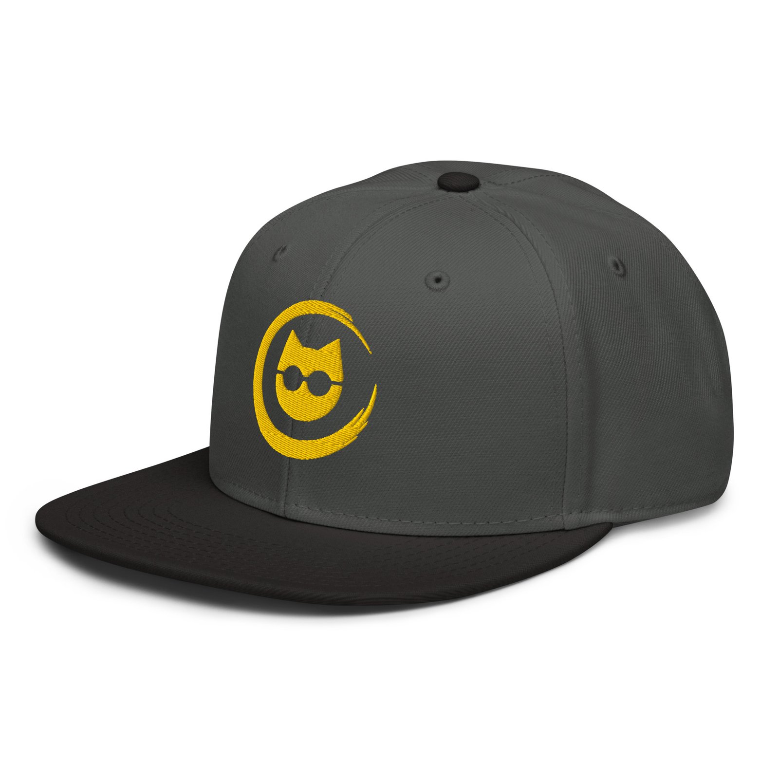 Keanu Gold Logo Two-Tone Snapback Hat in Black/Charcoal gray – left front view