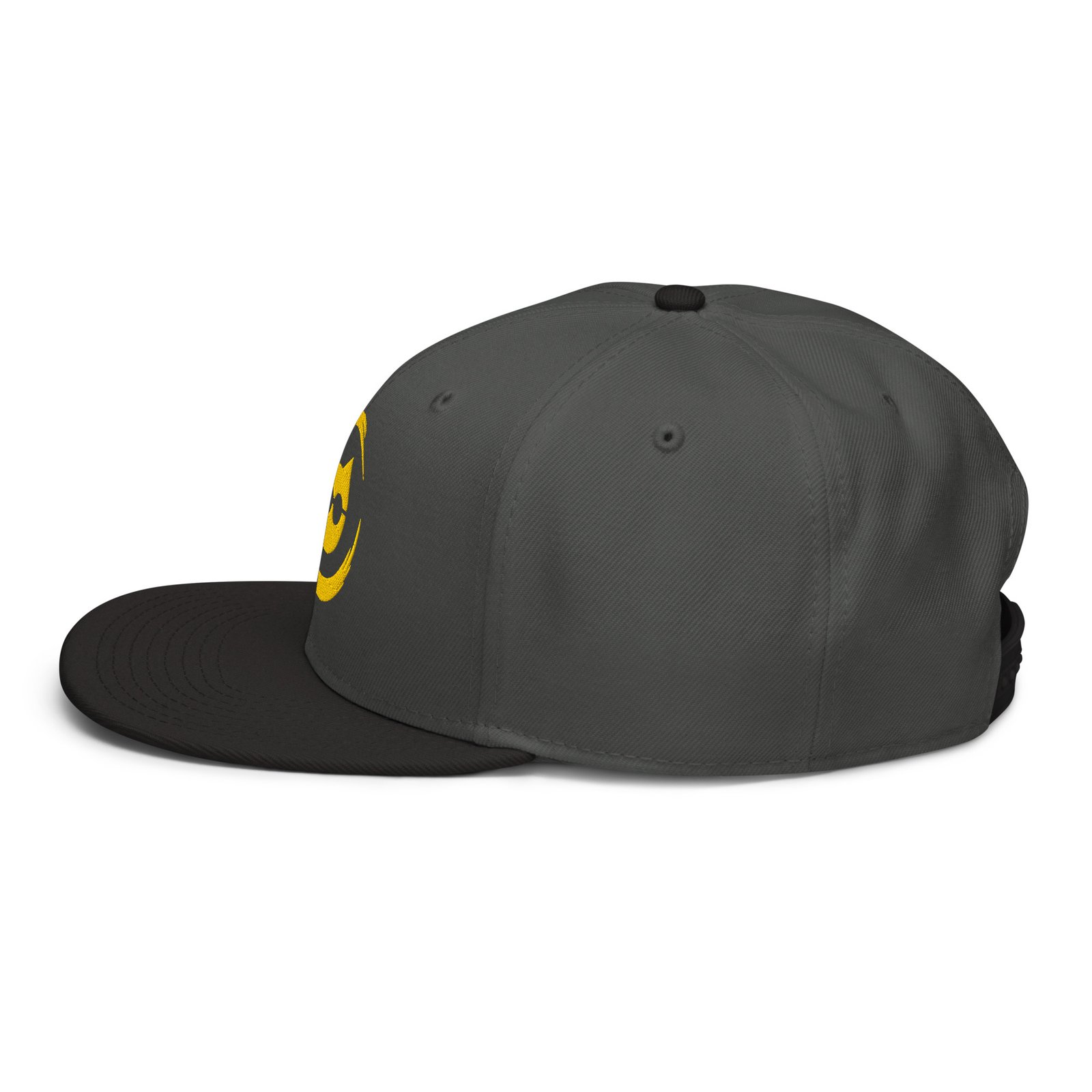 Keanu Gold Logo Two-Tone Snapback Hat in Black/Charcoal gray – left side