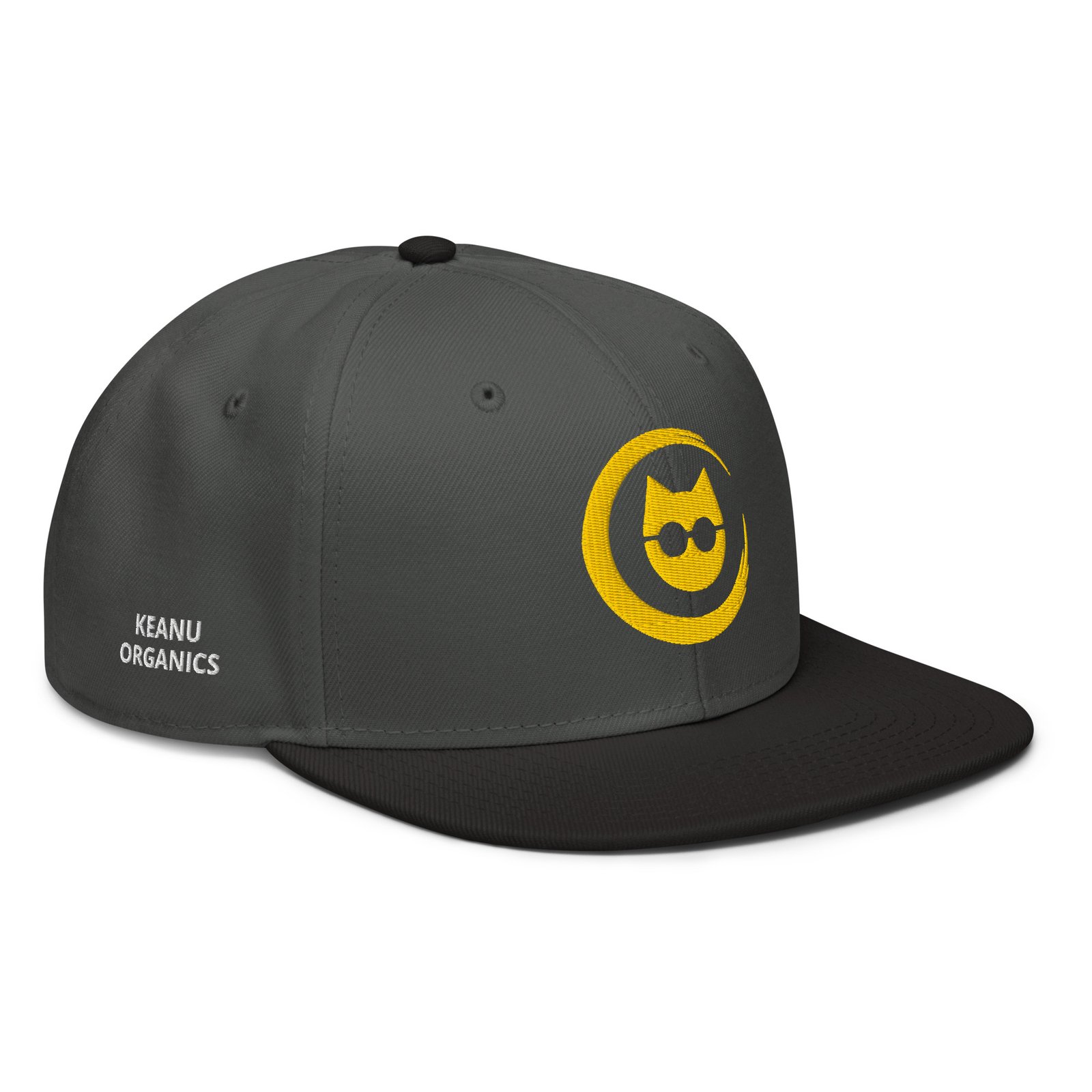 Keanu Gold Logo Two-Tone Snapback Hat in Black/Charcoal gray – right front view