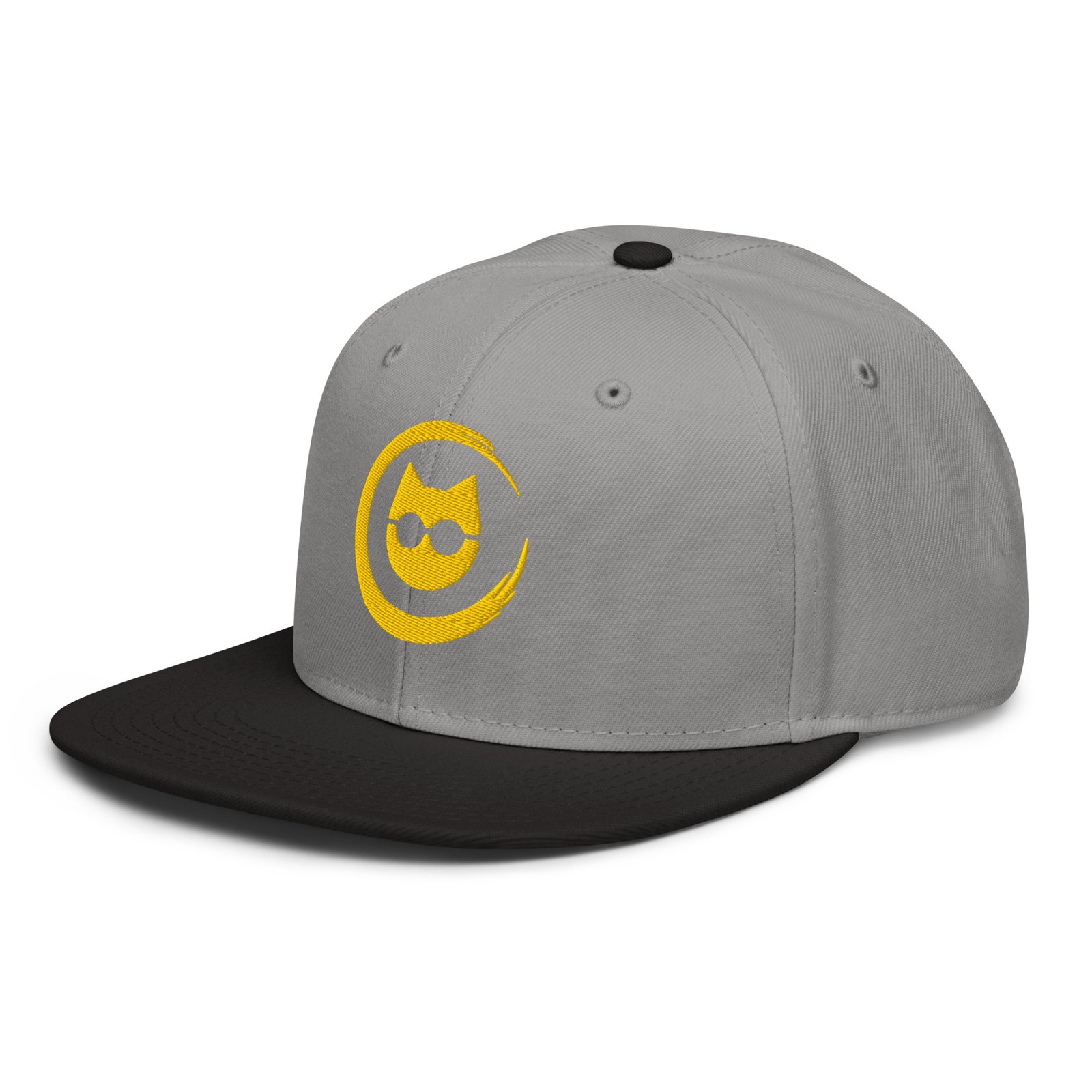 Keanu Gold Logo Two-Tone Snapback Hat in Black/Gray – left front view