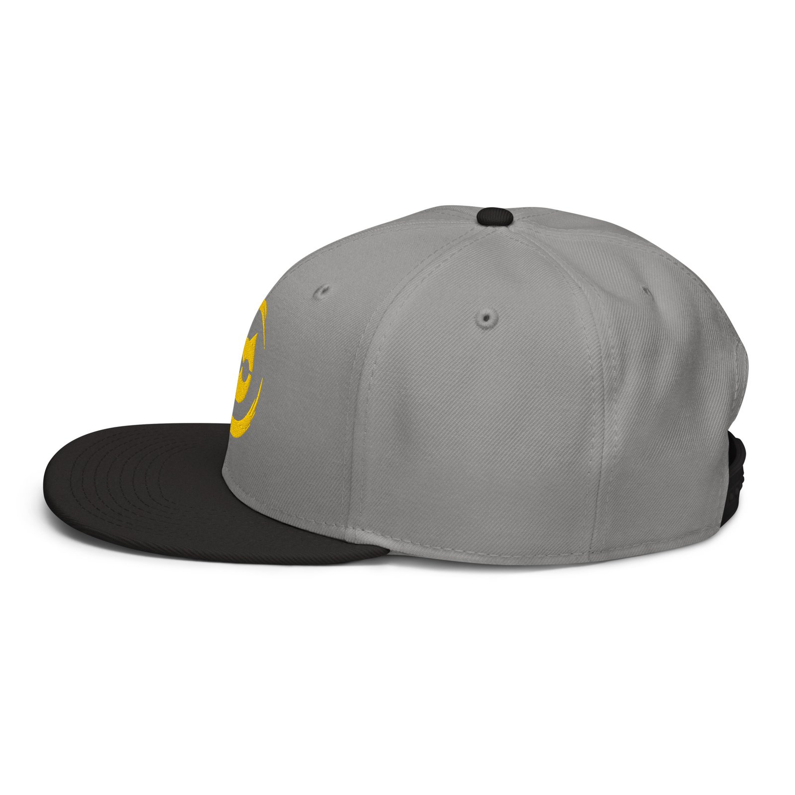Keanu Gold Logo Two-Tone Snapback Hat in Black/Gray – left side