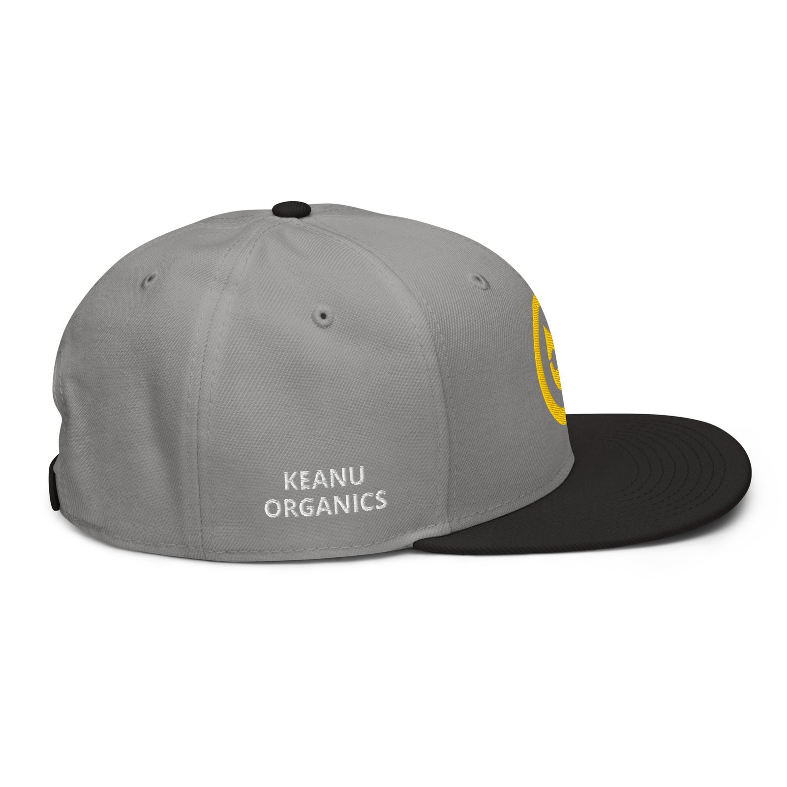 Keanu Gold Logo Two-Tone Snapback Hat in Black/Gray – right side