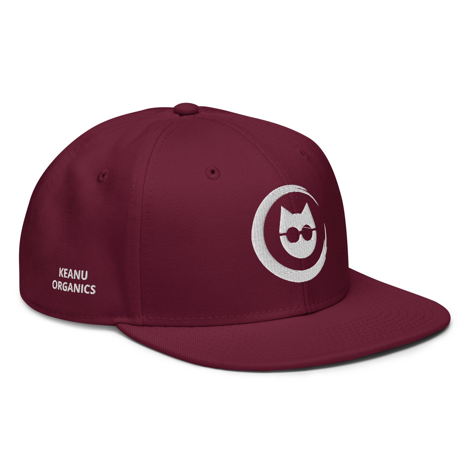 Keanu Logo Snapback Hat in Burgundy maroon – right front view