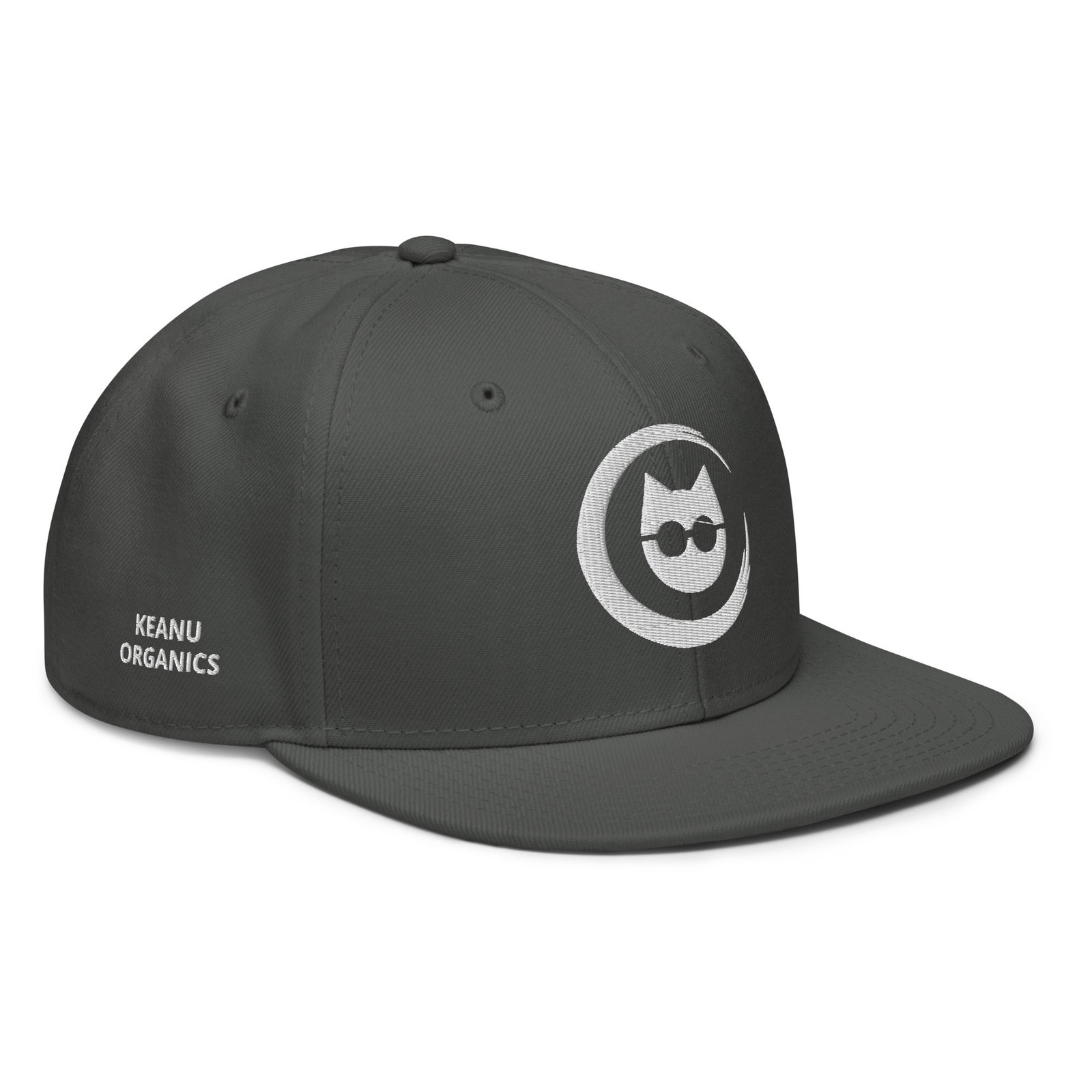 Keanu Logo Snapback Hat in Charcoal gray – right front view