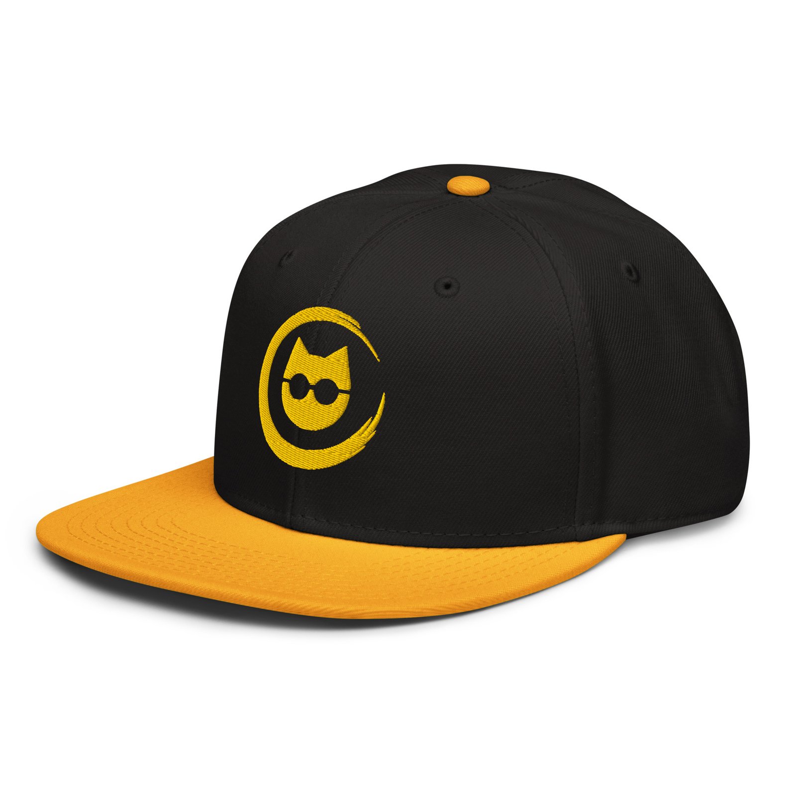 Keanu Gold Logo Two-Tone Snapback Hat in Gold/Black – left front view