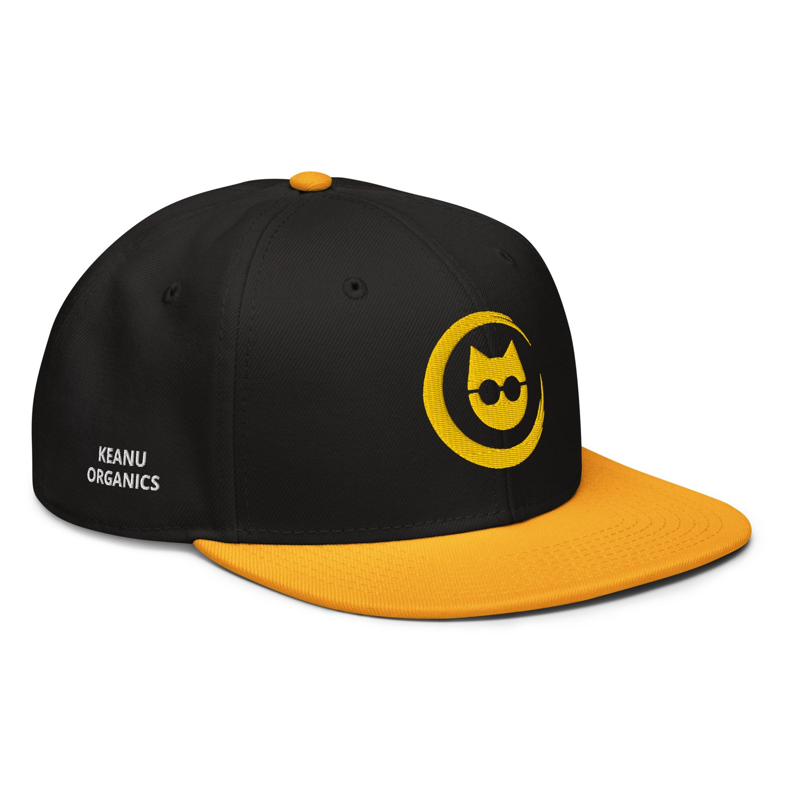 Keanu Gold Logo Two-Tone Snapback Hat in Gold/Black – right front view