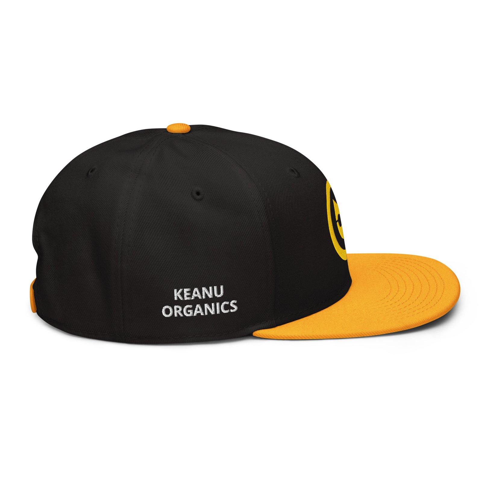 Keanu Gold Logo Two-Tone Snapback Hat in Gold/Black – right side