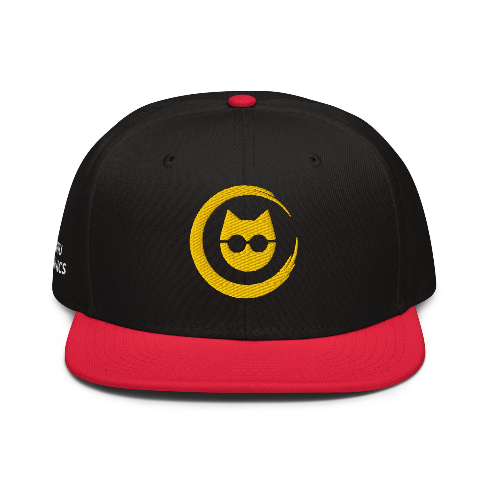 Keanu Gold Logo Two-Tone Snapback Hat in Red/Black – front view