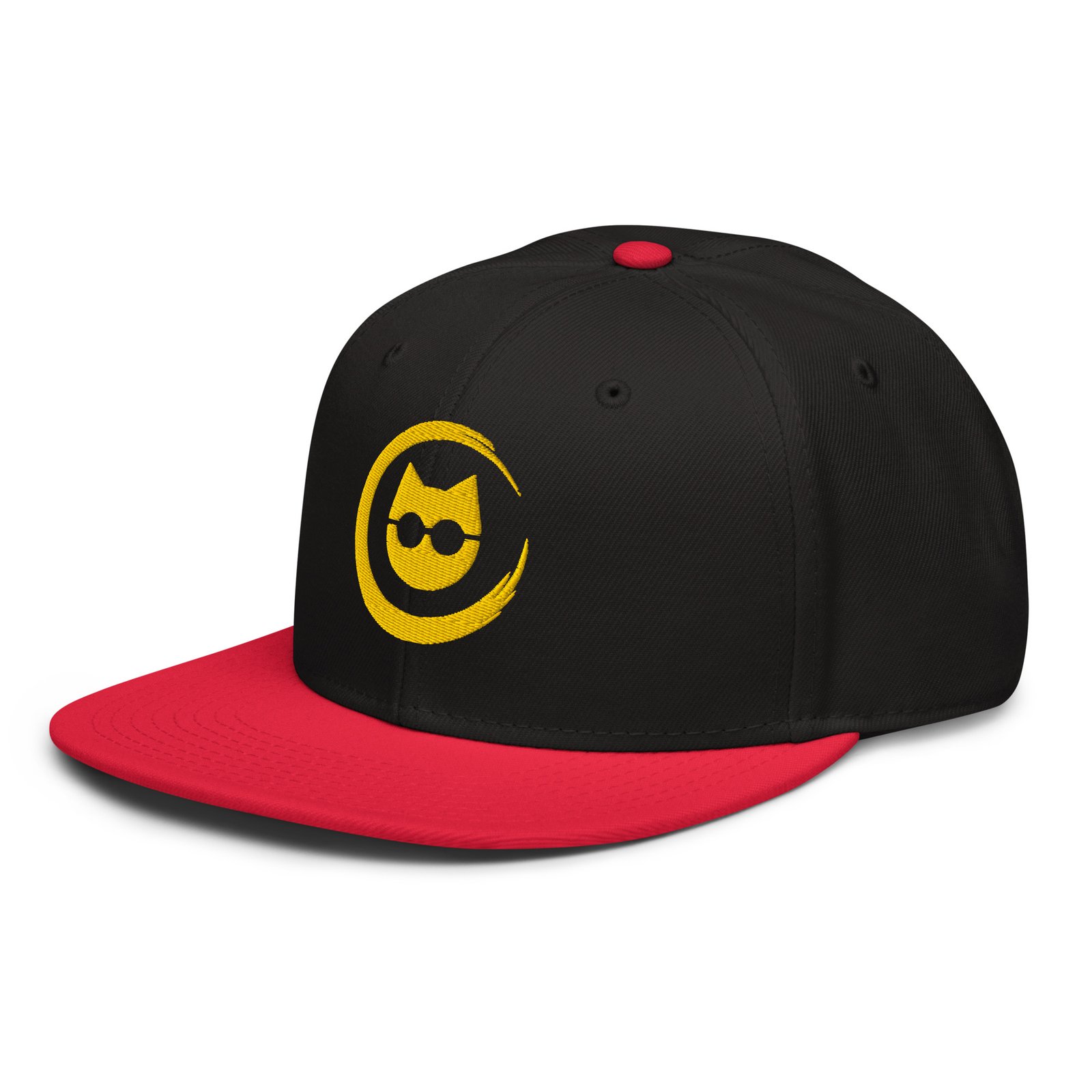 Keanu Gold Logo Two-Tone Snapback Hat in Red/Black – left front view