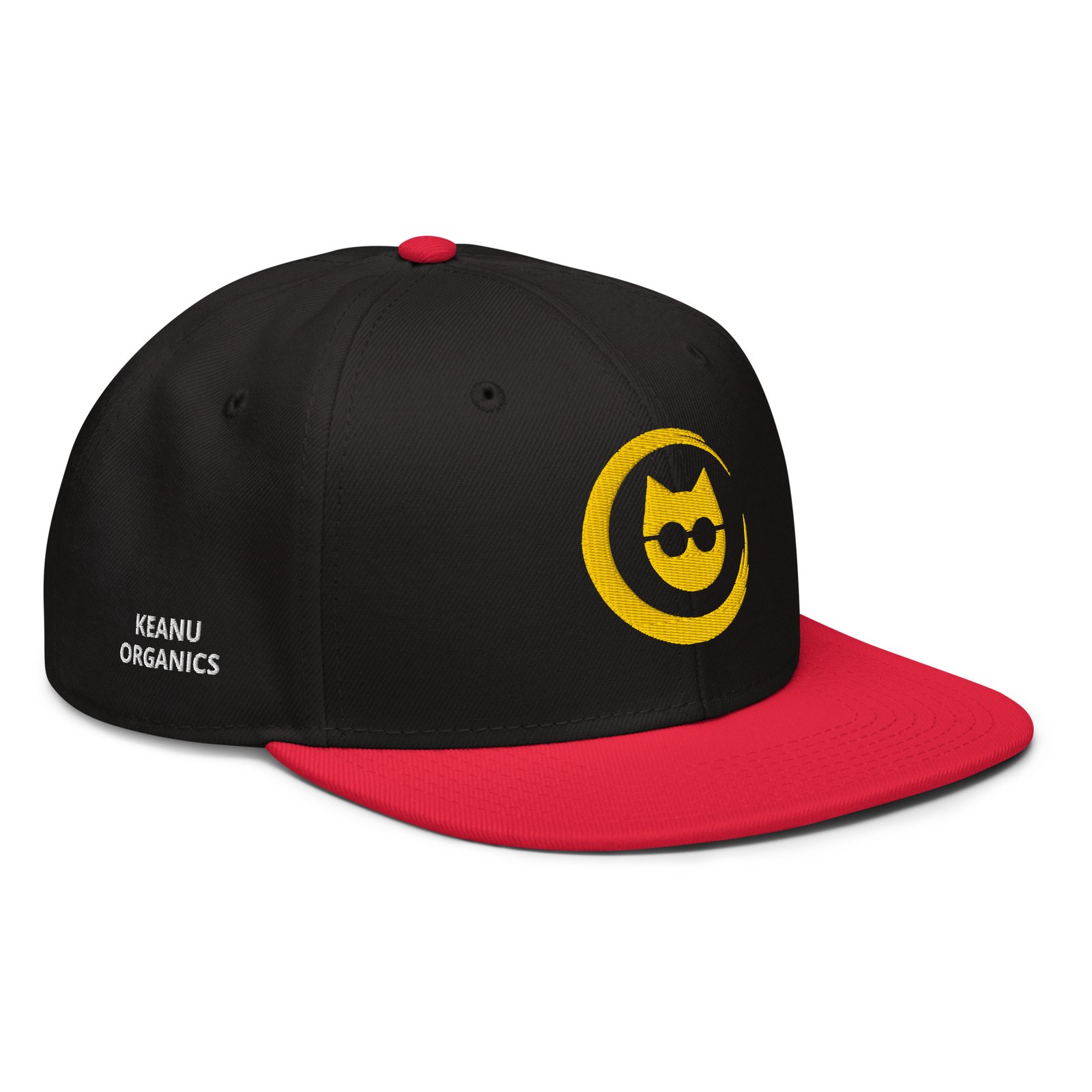 Keanu Gold Logo Two-Tone Snapback Hat in Red/Black – right front view