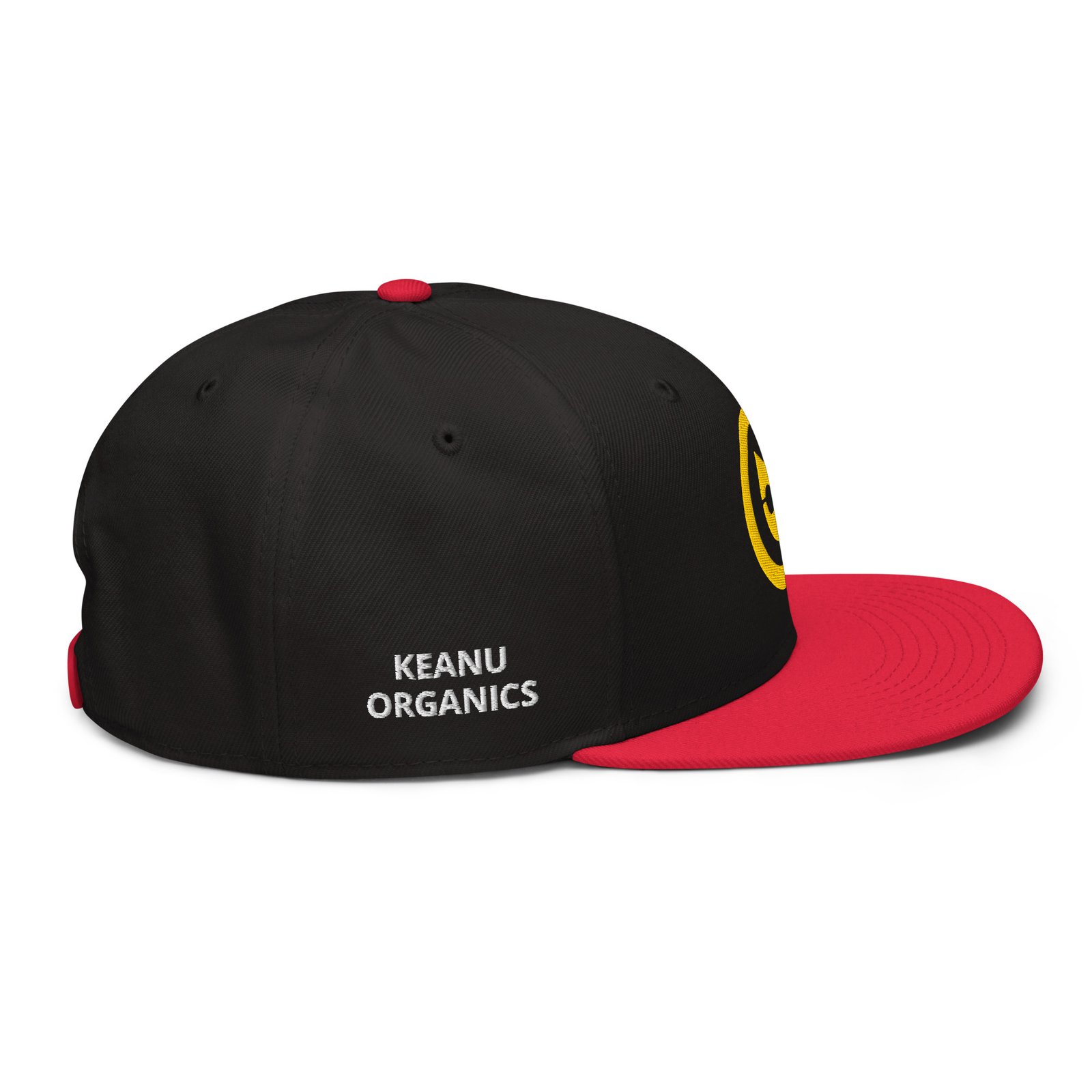 Keanu Gold Logo Two-Tone Snapback Hat in Red/Black – right side