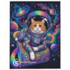 Puddynaut Throw Blanket — Puddy Tat in a glowing helmet and rainbow space suit among galaxies and planets