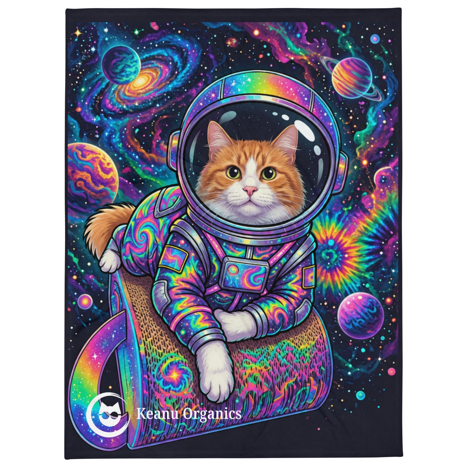 Puddynaut Throw Blanket — Puddy Tat in a glowing helmet and rainbow space suit among galaxies and planets