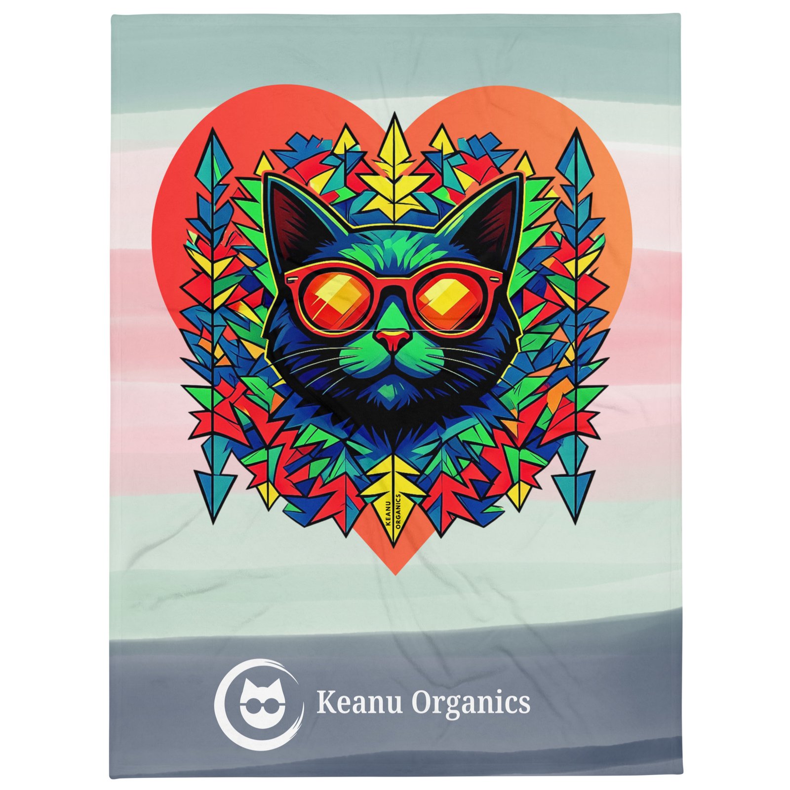 Prism Throw Blanket — Keanu in orange-lensed sunglasses inside a geometric heart on pastel bands