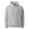Prism Heavyweight Hoodie in Heather Grey, front: plain front with a black Keanu Organics logo down the left sleeve