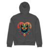 Prism Midweight Hoodie in Anthracite, back: Keanu in sunglasses inside a red-to-orange prism heart with geometric leaves, printed large on the back