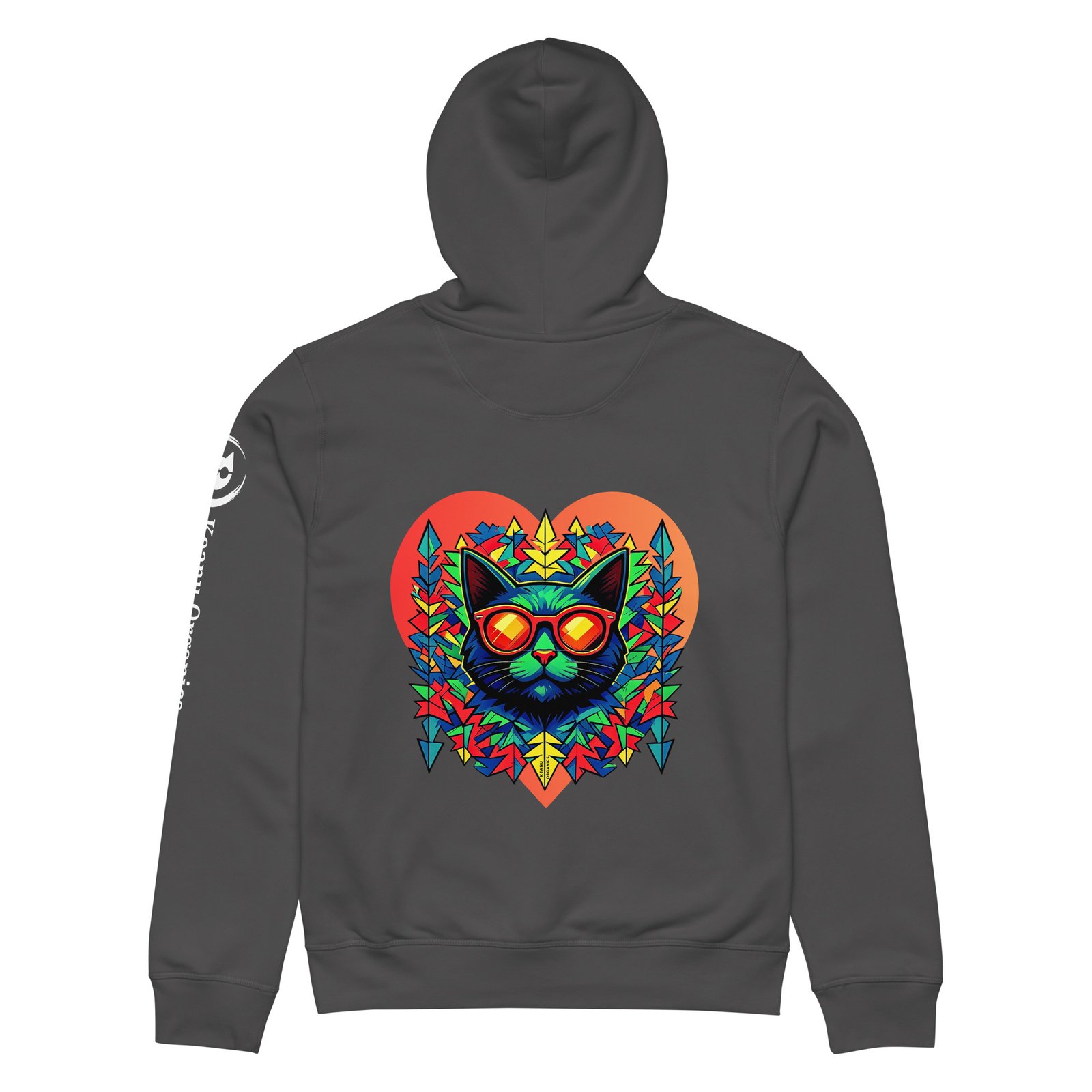 Prism Midweight Hoodie in Anthracite, back: Keanu in sunglasses inside a red-to-orange prism heart with geometric leaves, printed large on the back