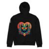 Prism Midweight Hoodie in Black, back: Keanu in sunglasses inside a red-to-orange prism heart with geometric leaves, printed large on the back