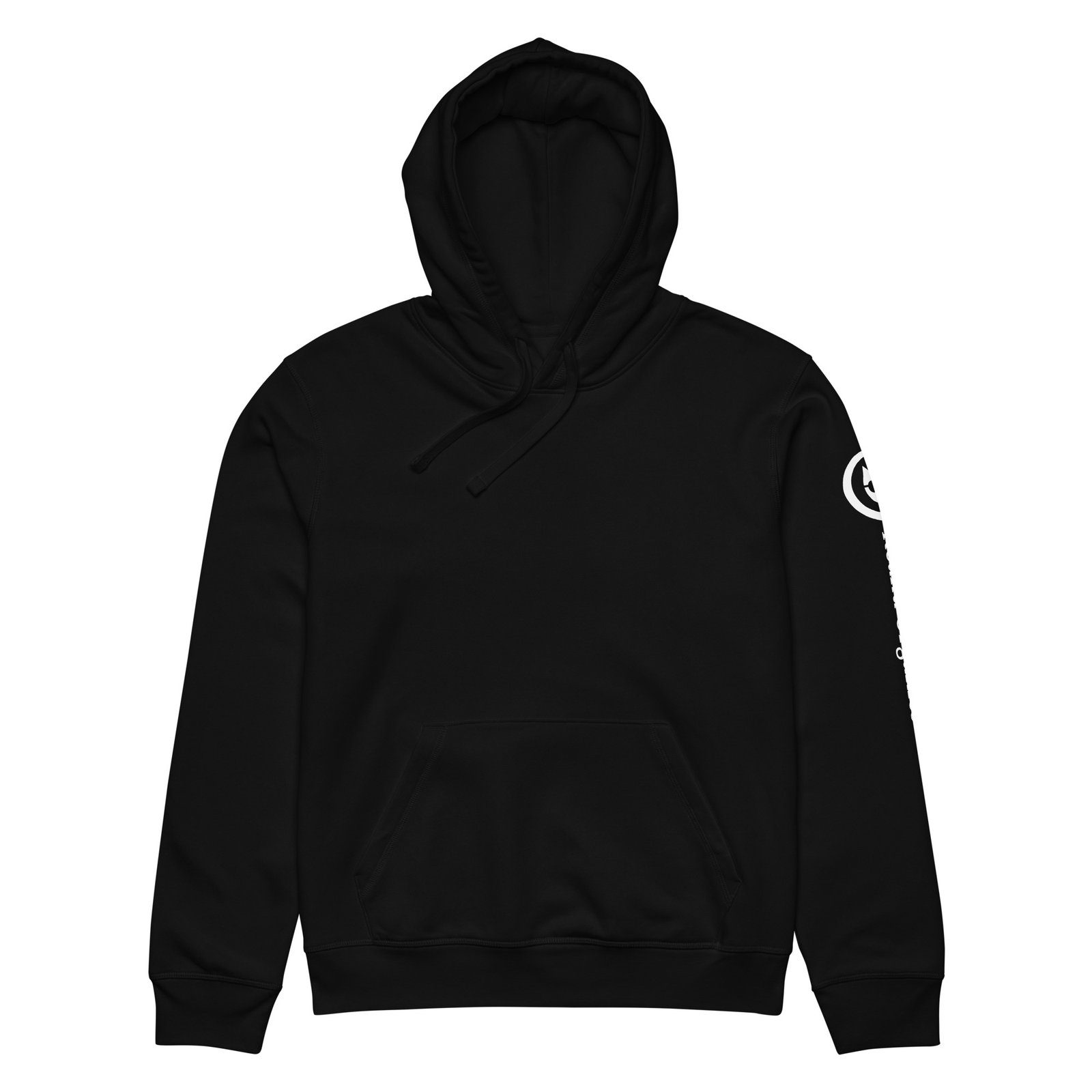 Prism Midweight Hoodie in Black, front: plain front with a white Keanu Organics logo down the left sleeve
