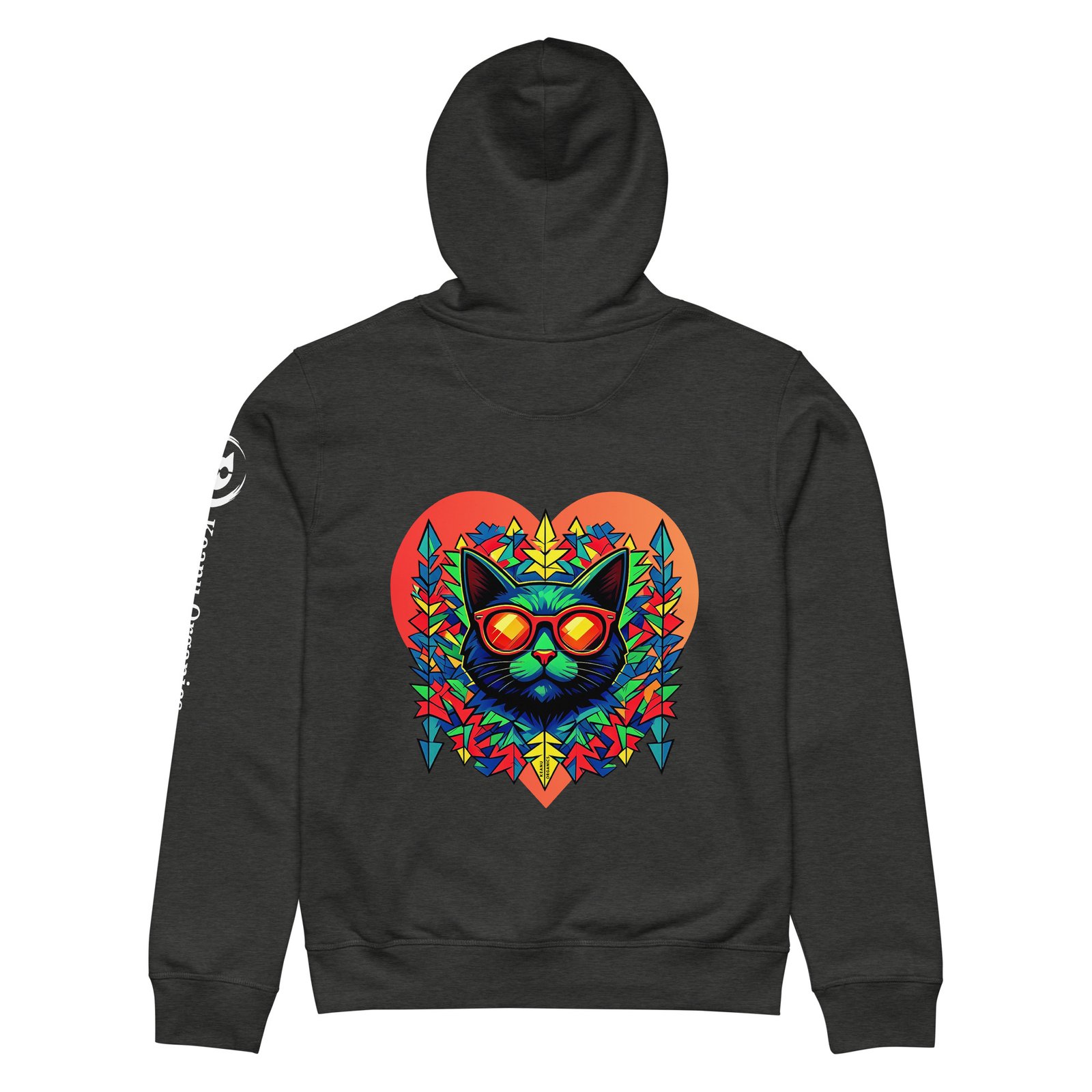 Prism Midweight Hoodie in Dark Heather Grey, back: Keanu in sunglasses inside a red-to-orange prism heart with geometric leaves, printed large on the back