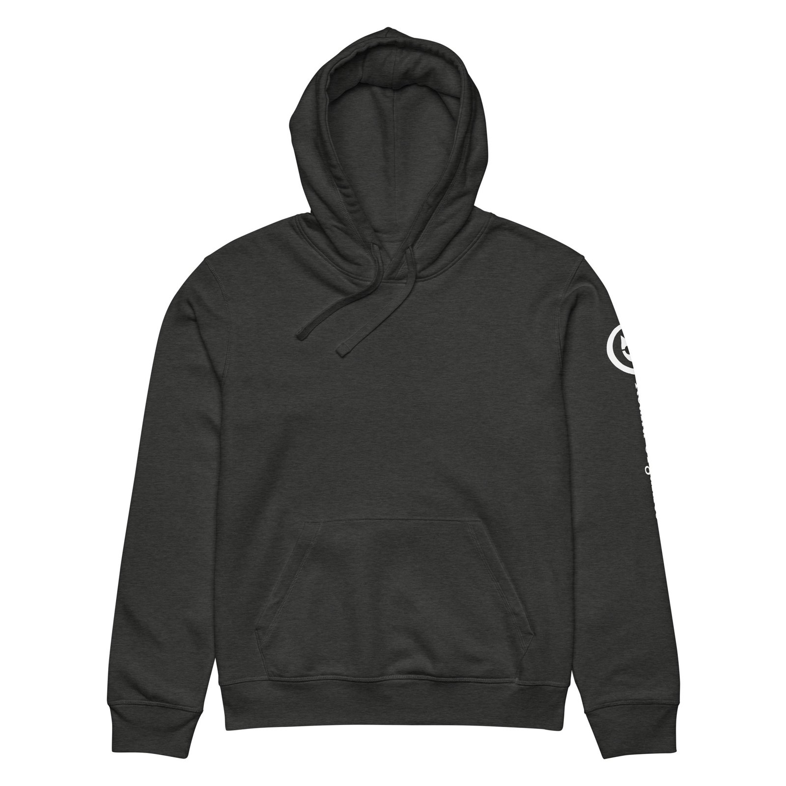 Prism Midweight Hoodie in Dark Heather Grey, front: plain front with a white Keanu Organics logo down the left sleeve